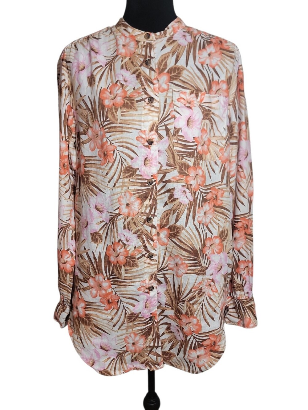 Lands' End floral button down high low long sleeve linen top women's size small